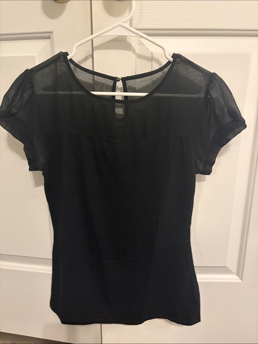 Express Black Sheer Yoke Short Sleeve Top